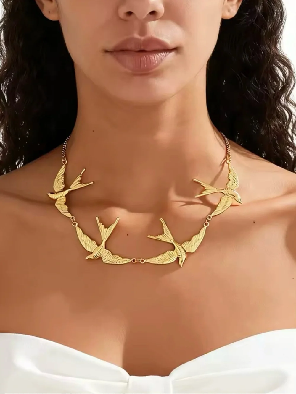 Gold Swallow Bird Necklace & Earrings Set | Pearl Drop Statement Jewelry - Picture 4 of 10